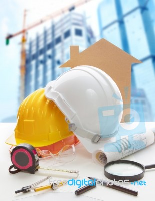 Safety Helmet Blue Print Plan And Construction Equipment On Arch… Stock Photo