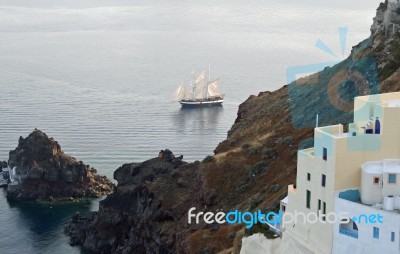 Sailing Ship In Santorini, Greece Stock Photo