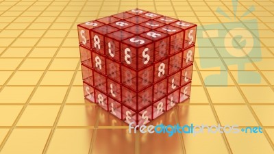 Sale Red Glass Magic Cube Box On Golden Floor Stock Image