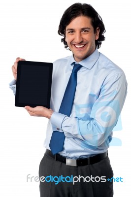 Sales Manager Displaying Newly Launched Tablet Pc Stock Photo