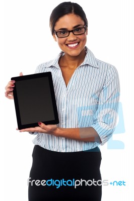 Sales Representative Displaying Tablet Pc For Sale Stock Photo Sales Representative Displaying Tablet Pc For Sale Stock Photo