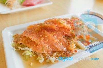 Salmon Mix And Yum With Spice For Thai Seafood Stock Photo