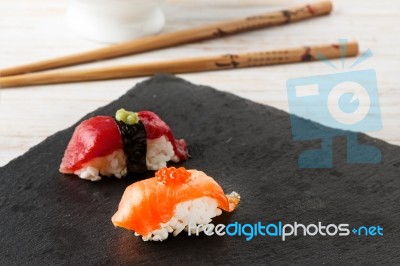 Salmon Nigiri With Salmon Roe Stock Photo