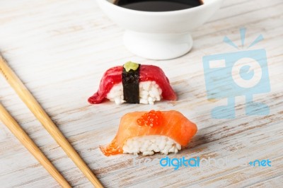 Salmon Nigiri With Salmon Roe Stock Photo