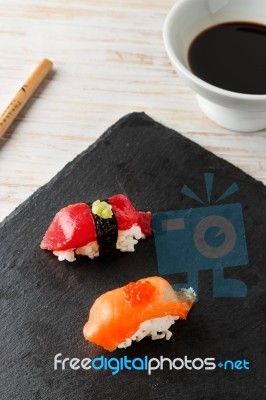 Salmon Nigiri With Salmon Roe Stock Photo