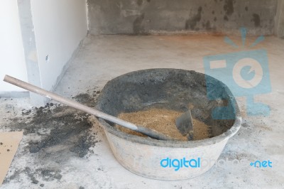 Sand In Basket  Prepared Mix Cement Concrete For Plaster Wall An… Stock Photo