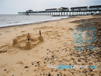 Sandcastle On The Beach At Southwold Stock Photo