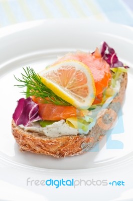 Sandwich With Smoked Salmon Stock Photo