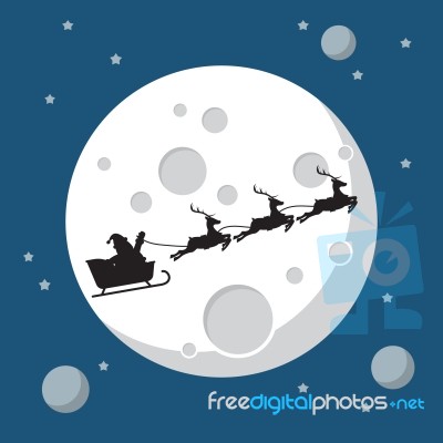 Santa Claus And His Reindeer Sleigh In Silhouette Against Moon Stock Image