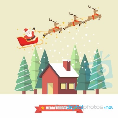 Santa Claus And His Reindeer Sleigh With Winter House In Flat St… Stock Image