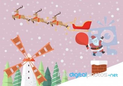 Santa Claus Jumping From Reindeer Sleigh Into The Chimney Stock Image