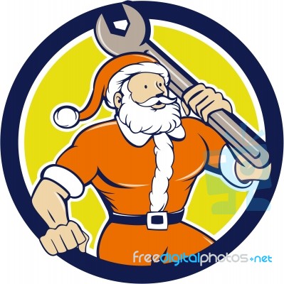 Santa Claus Mechanic Spanner Circle Cartoon Stock Image