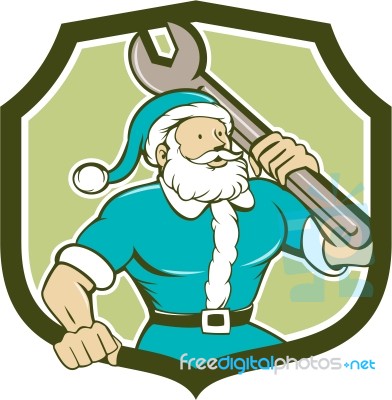 Santa Claus Mechanic Spanner Shield Cartoon Stock Image