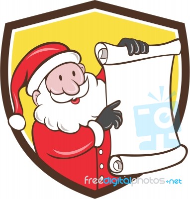 Santa Claus Paper Scroll Pointing Shield Cartoon Stock Image