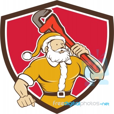 Santa Claus Plumber Monkey Wrench Shield Cartoon Stock Image
