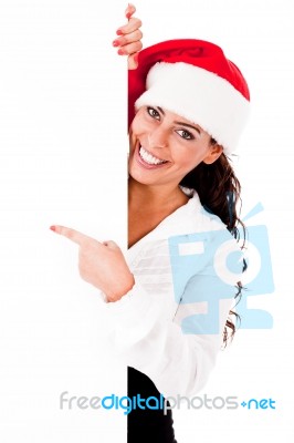 Santa Girl Pointing White Board Stock Photo