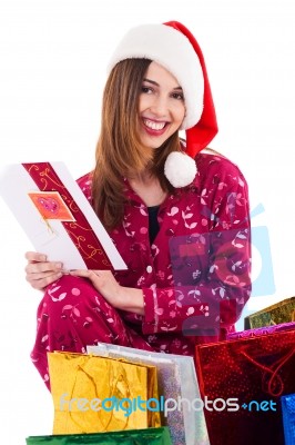 Santa Girl With Christmas Card Stock Photo