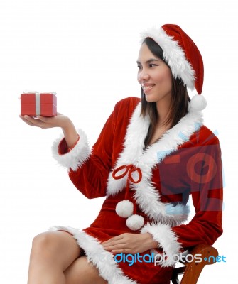 Santa Girl With Gift Box Stock Photo
