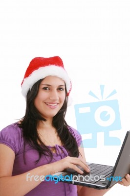 Santa Lady With Laptop Stock Photo