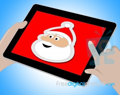 Santa Online Indicates Merry Christmas And Computing Stock Image