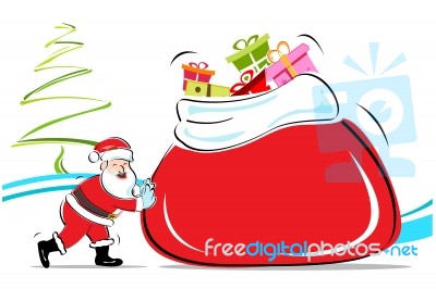 Santa Pushing Gift Bag Stock Image