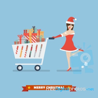 Santa Woman Push A Shopping Cart With Piles Of Presents Stock Image