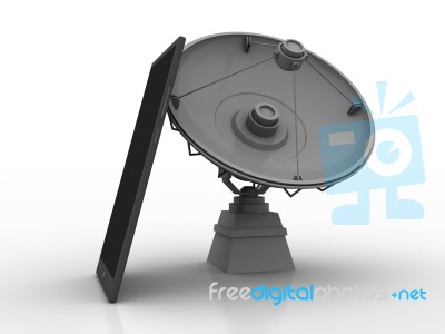 Satellite Dish And Spaceship  Around Mobile Phone, 3d Rendering Stock Image