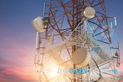 Satellite Dish Telecom Tower At Sunset Stock Photo