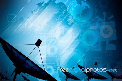 Satellite Dish Transmission Data On Background Digital Blue Stock Photo