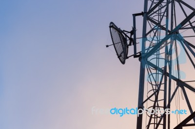 Satellite On Communication Tower Stock Photo