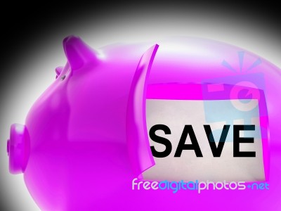 Save Piggy Bank Message Shows Savings On Products Stock Image