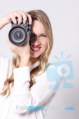 Say Cheese.....   Female  Photographer Stock Photo