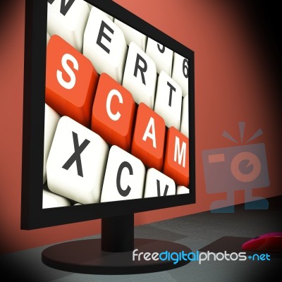 Scam On Monitor Showing Schemes Stock Image