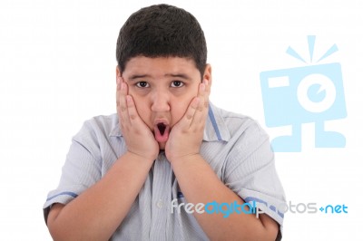 Scared Litle Kid Boy Holding Hands On Face And Screaming Isolate… Stock Photo