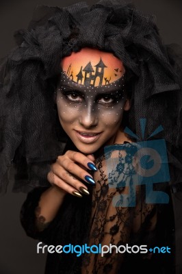 Scary Halloween Bride With Concept Scary Makeup Stock Photo