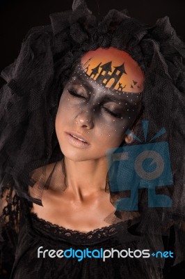 Scary Halloween Bride With Concept Scary Makeup Stock Photo
