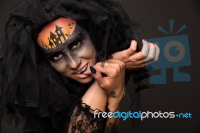 Scary Halloween Bride With Concept Scary Makeup Stock Photo