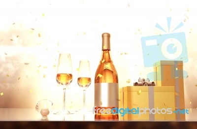 Scene Of Glasses Of Champagne,bottle Of Champagne And Gift Boxes… Stock Image