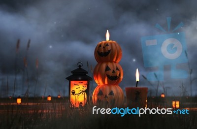 Scene Of Halloween Decoration At Night With Halloween Pumpkin Stock Image