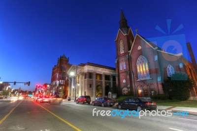 Scenic View Of Downtown New Hampshire In The Twilight Stock Photo