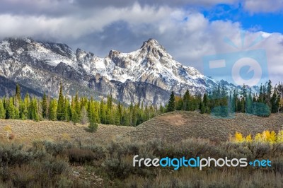 Scenic View Of The Grand Teton National Park Stock Photo