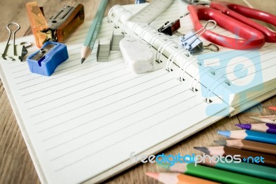 School And Office Supplies On Wood Background. Back To School Stock Photo School And Office Supplies On Wood Background. Back To School Stock Photo