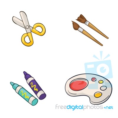 School Equipment Scissors, Brush, Crayon And Palette Stock Image