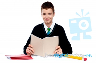 Schoolboy Holding book Stock Photo