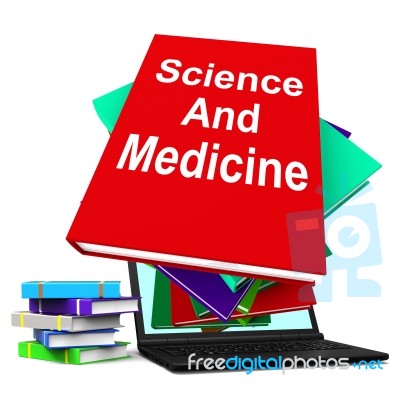 Science And Medicine Book Stack Laptop Shows Medical Research Stock Image