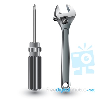 Screw Driver With Wrench Isolated On White Background. Object Tool Stock Image