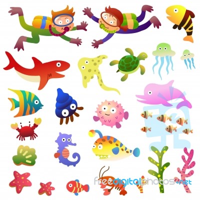 Sea Fishes And Animals Collection Stock Image