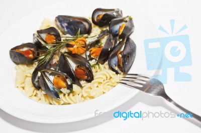 Seafood Fusilli Pasta Stock Photo