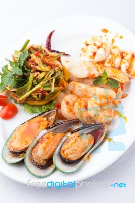 Seafood With Spicy Salad Stock Photo