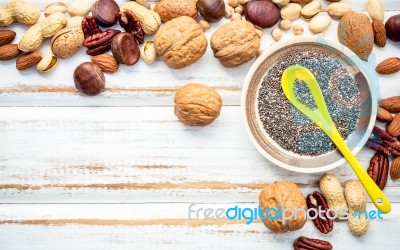 Selection Food Sources Of Omega 3 And Unsaturated Fats. Superfoo… Stock Photo